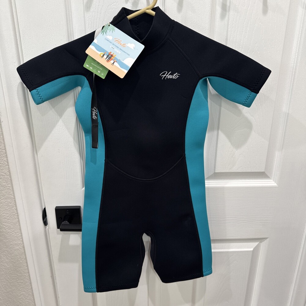 Hevto Shorty Neoprene Wetsuit Black Teal Short Sleeve Youth Kids Size 8 NWT